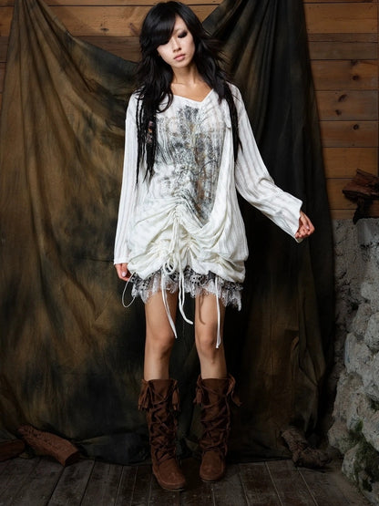 ARIADNAw Vintage Punk V-neck Lace Up Asymmetric Print Knit Top Cardigan