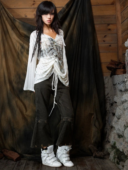 ARIADNAw Vintage Punk V-neck Lace Up Asymmetric Print Knit Top Cardigan