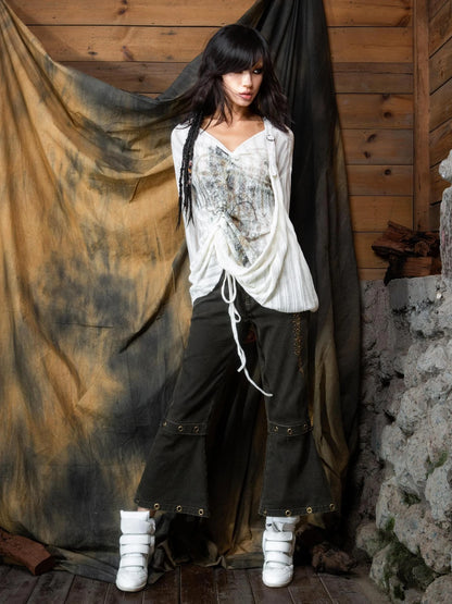 ARIADNAw Vintage Punk V-neck Lace Up Asymmetric Print Knit Top Cardigan