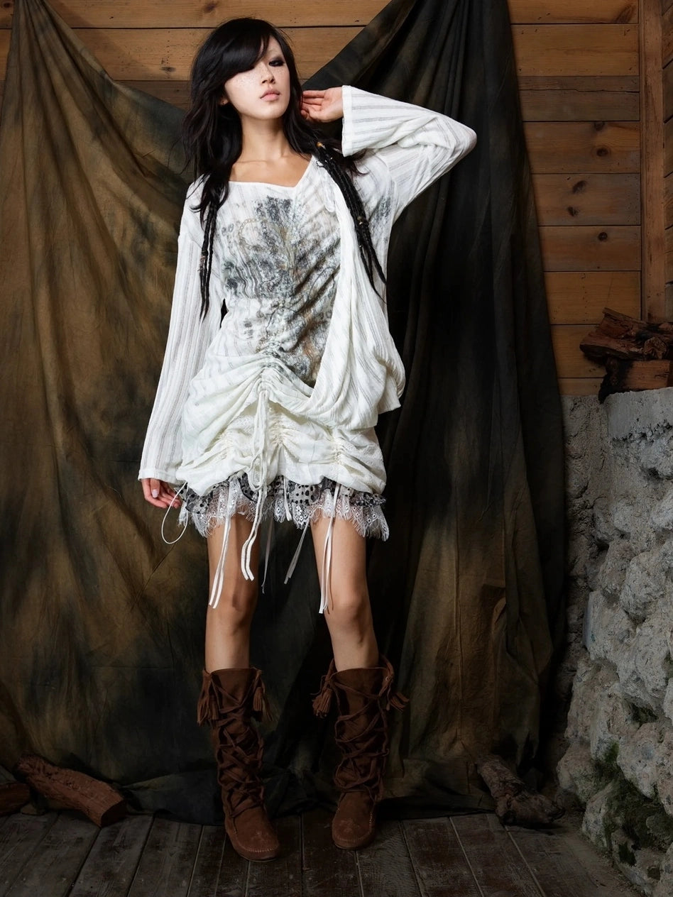 ARIADNAw Vintage Punk V-neck Lace Up Asymmetric Print Knit Top Cardigan