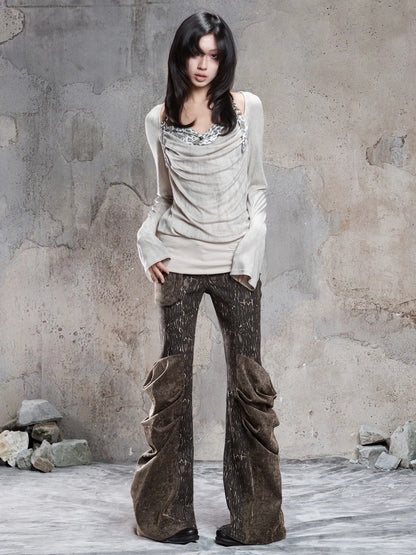 ARIADNAw Vintage Washed Heavy Work Stacked Pocket Flared Pants Jeans