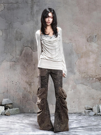 ARIADNAw Vintage Washed Heavy Work Stacked Pocket Flared Pants Jeans