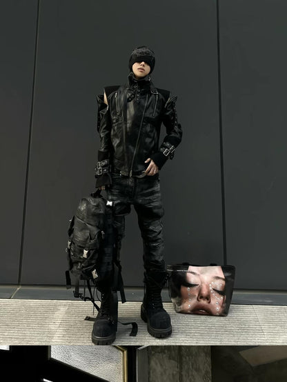 ATAnothingness Black Detachable Sleeves Stand Collar Convertible Women&