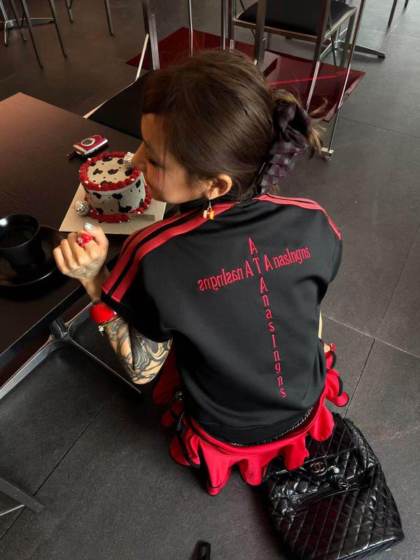 Black Red Colorblock Cross Embroidered Stand Collar Women's Short Sleeve T-shirts