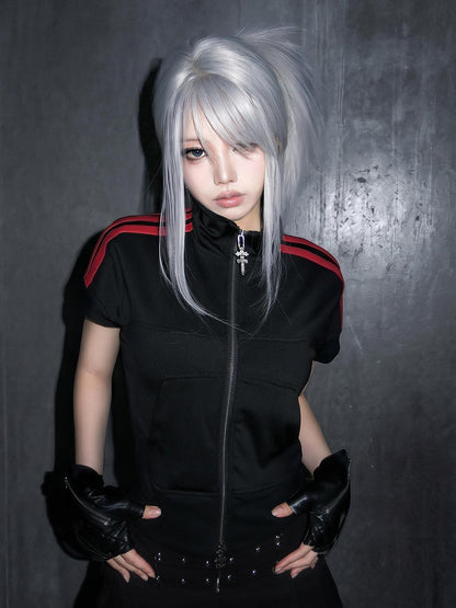 ATAnothingness Black Red Colorblock Cross Embroidered Stand Collar Women&