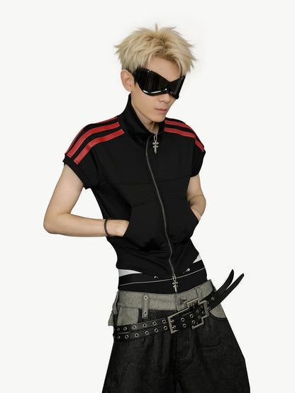 ATAnothingness Black Red Colorblock Cross Embroidered Stand Collar Women&