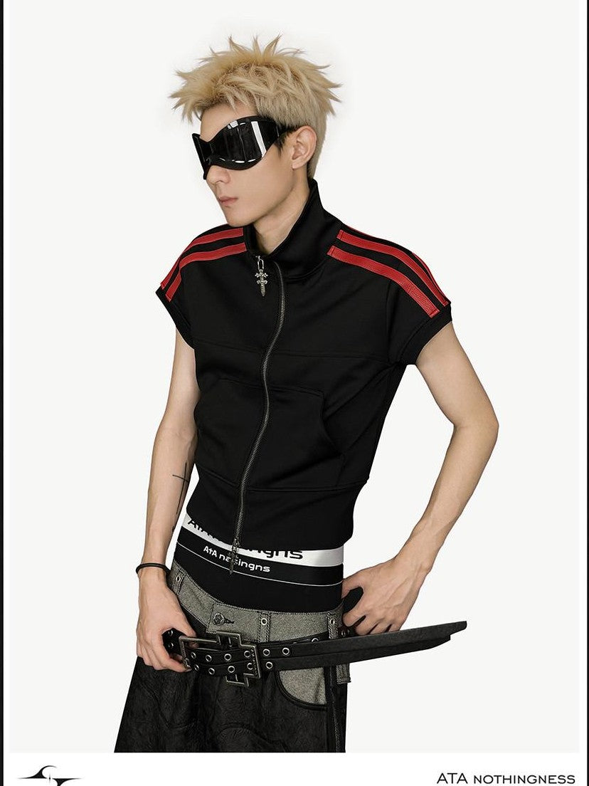 ATAnothingness Black Red Colorblock Cross Embroidered Stand Collar Women&