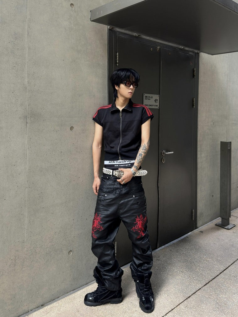 ATAnothingness Black Red Colorblock Cross Embroidered Stand Collar Women&
