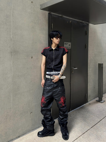 ATAnothingness Black Red Colorblock Cross Embroidered Stand Collar Women&