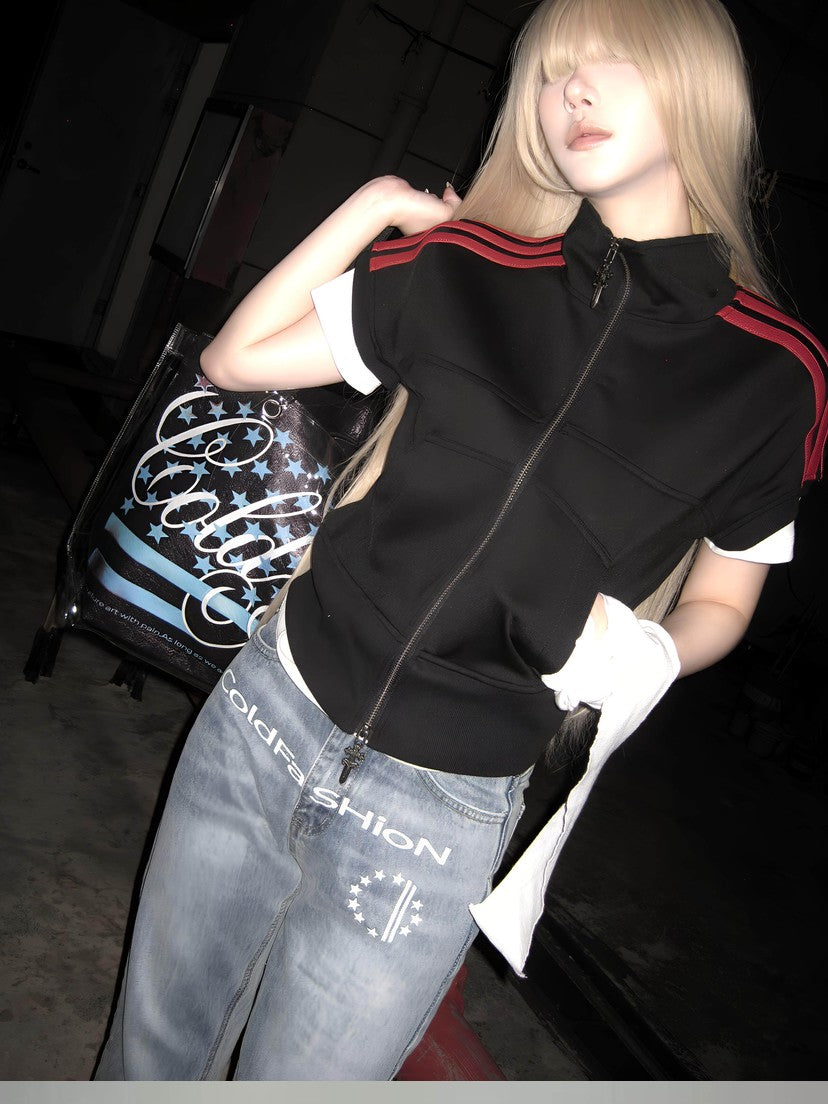 ATAnothingness Black Red Colorblock Cross Embroidered Stand Collar Women&