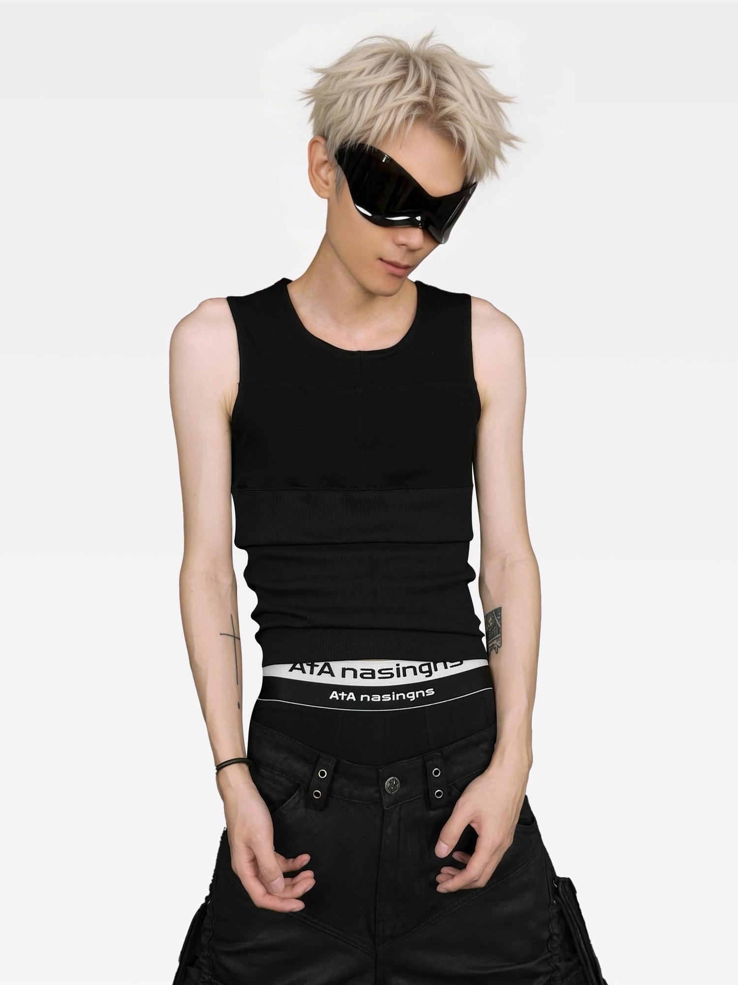 ATAnothingness Breathable Cotton Slim Fit Casual H Back Round Neck Solid Black Tank Tops