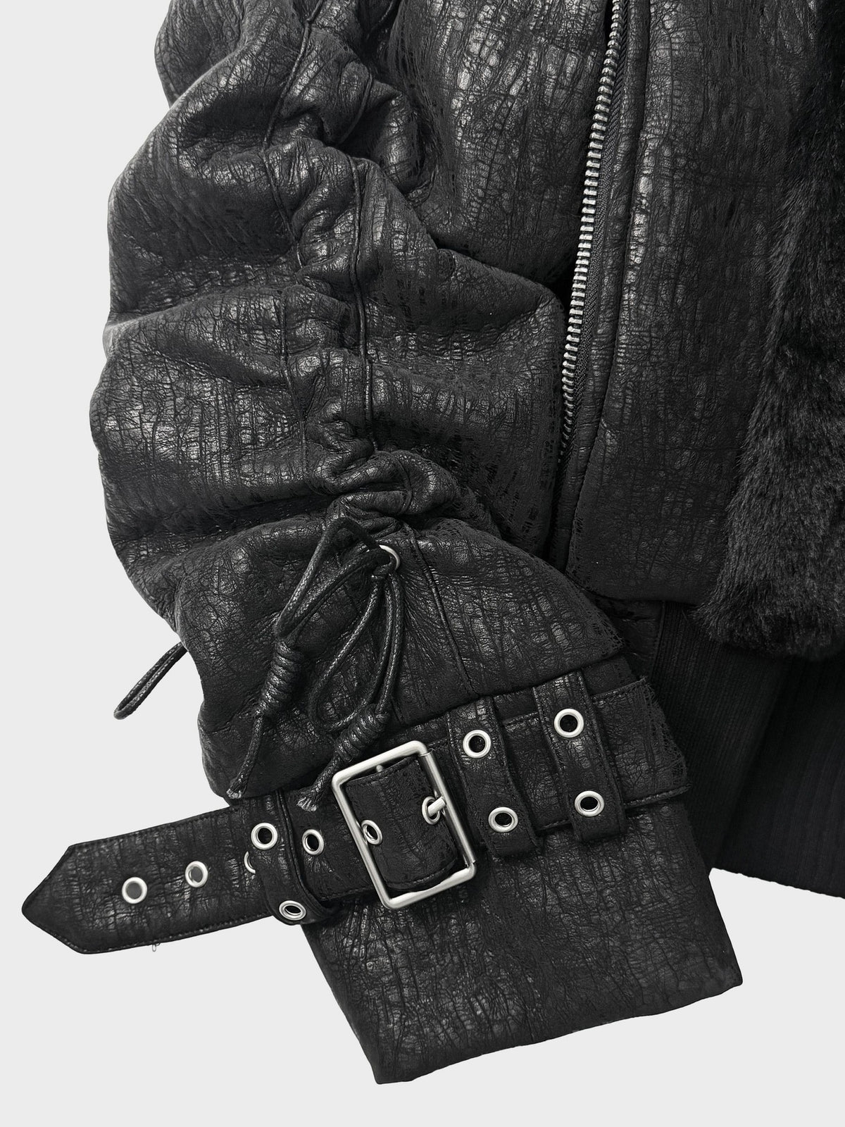 ATAnothingness Distressed Ruched Adjustable Hooded Faux Leather Women&