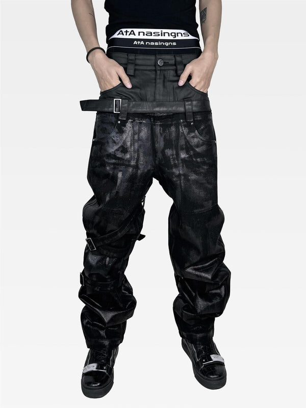 Hand Waxed Metal Foil Double Waist Contrast Tie Women's High-waisted Jeans