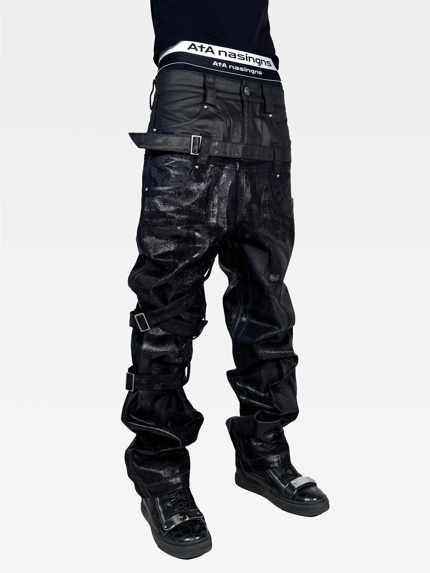 ATAnothingness Hand Waxed Metal Foil Double Waist Contrast Tie Women&