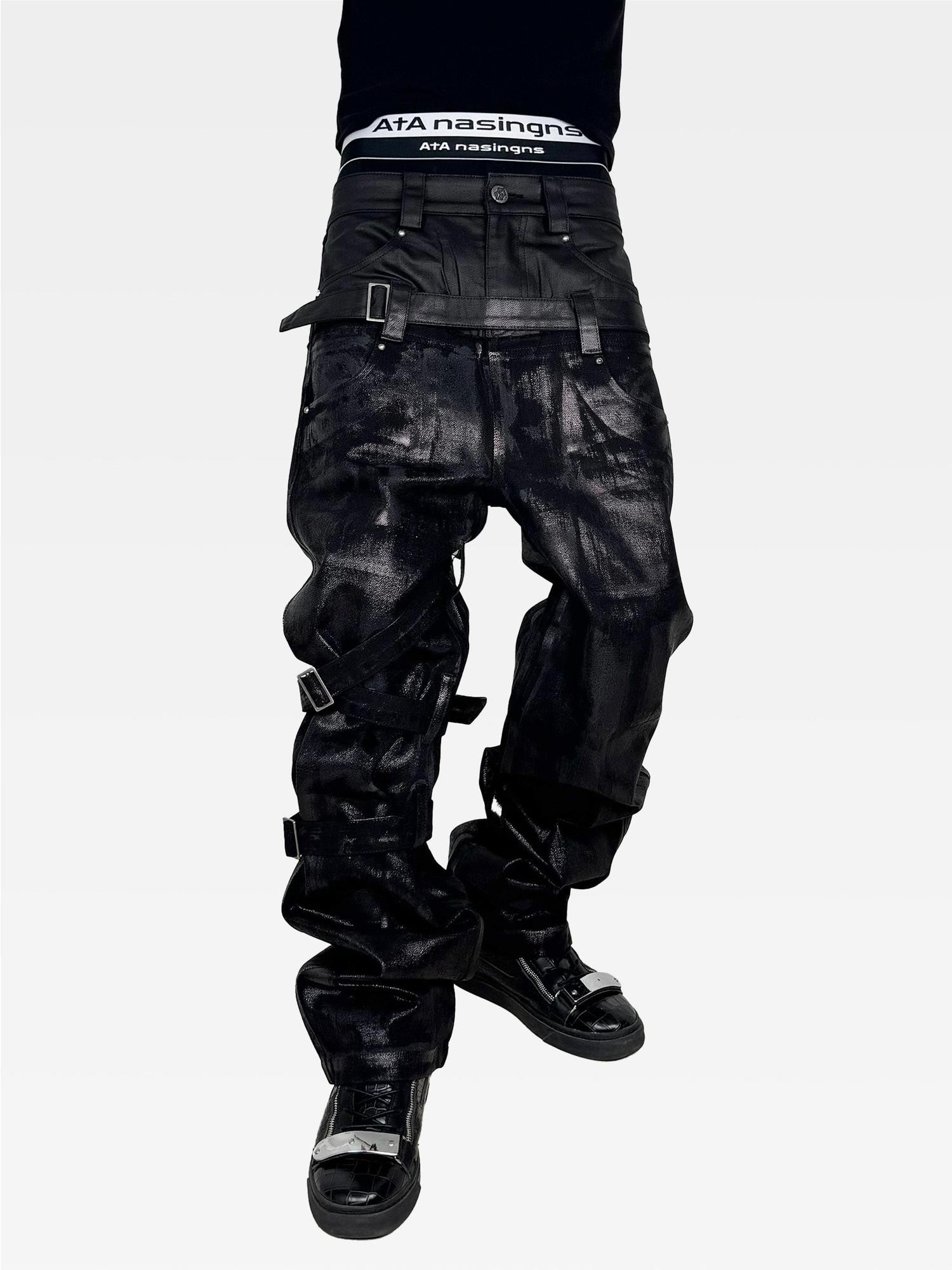 ATAnothingness Hand Waxed Metal Foil Double Waist Contrast Tie Women&