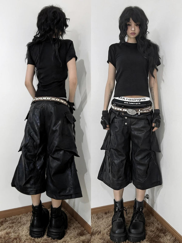 Knight Black Deconstructed Textured Wax Cropped Loose Women's Pu Leather Shorts