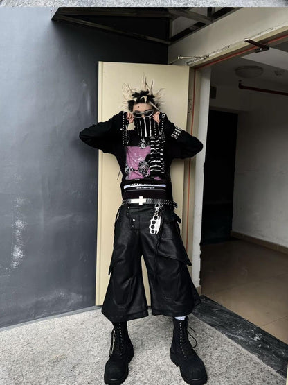 ATAnothingness Knight Black Deconstructed Textured Wax Cropped Loose Women&