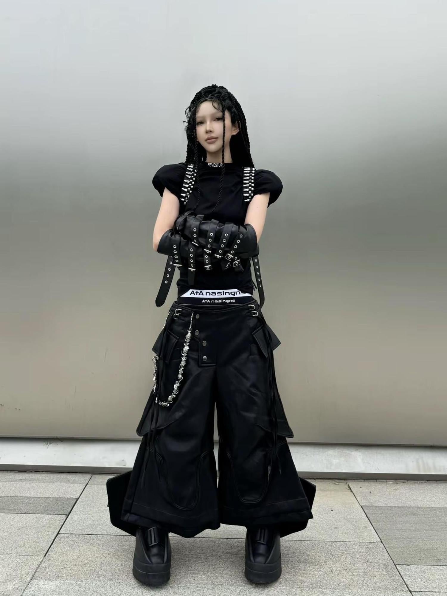 ATAnothingness Knight Black Deconstructed Textured Wax Cropped Loose Women&