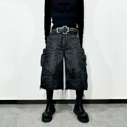ATAnothingness_Liquid_Metal_Black_Cotton_Loose_Cargo_Mid_Rise_Zipper_Urban_Casual_Denim_Shorts_MISSTT