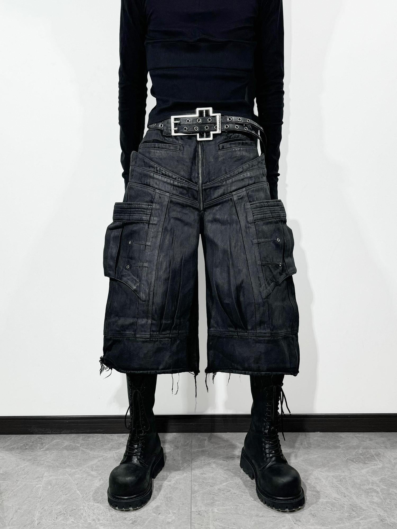 ATAnothingness Liquid Metal Black Cotton Loose Cargo Mid Rise Zipper Urban Casual Denim Shorts
