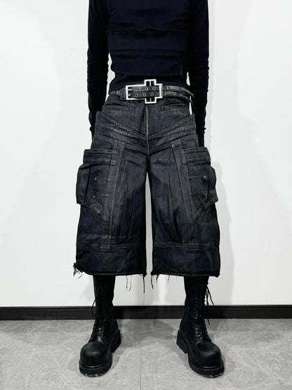 ATAnothingness Liquid Metal Black Cotton Loose Cargo Mid Rise Zipper Urban Casual Denim Shorts