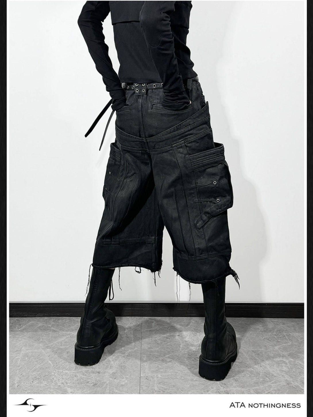 ATAnothingness Liquid Metal Black Cotton Loose Cargo Mid Rise Zipper Urban Casual Denim Shorts