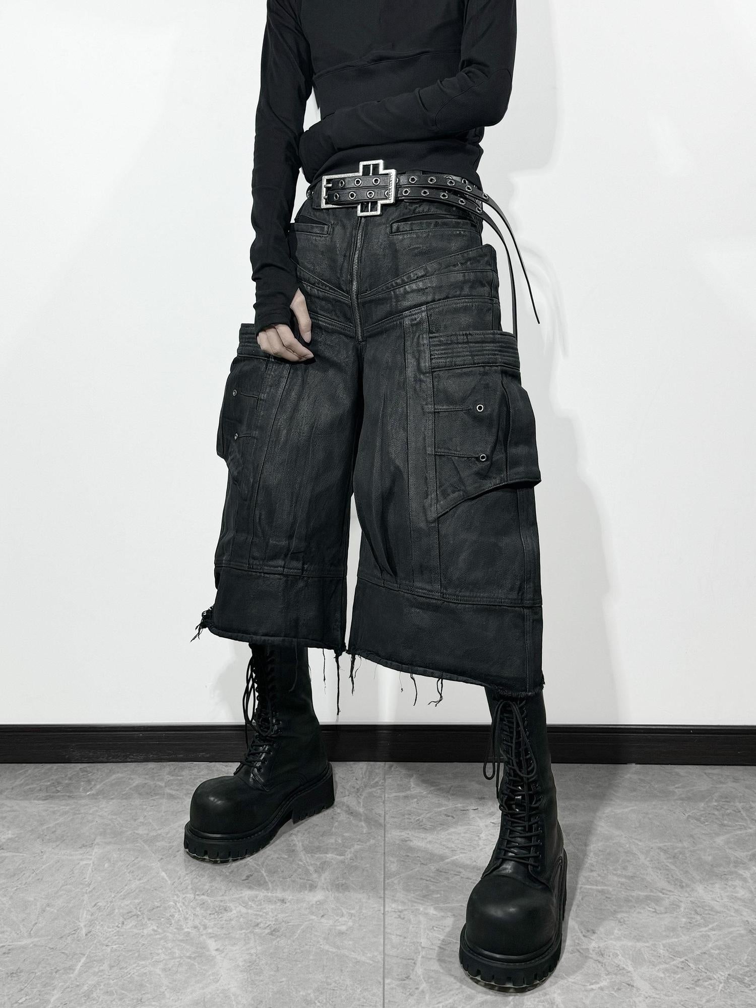 ATAnothingness Liquid Metal Black Cotton Loose Cargo Mid Rise Zipper Urban Casual Denim Shorts
