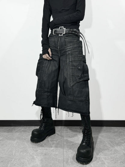 ATAnothingness Liquid Metal Black Cotton Loose Cargo Mid Rise Zipper Urban Casual Denim Shorts