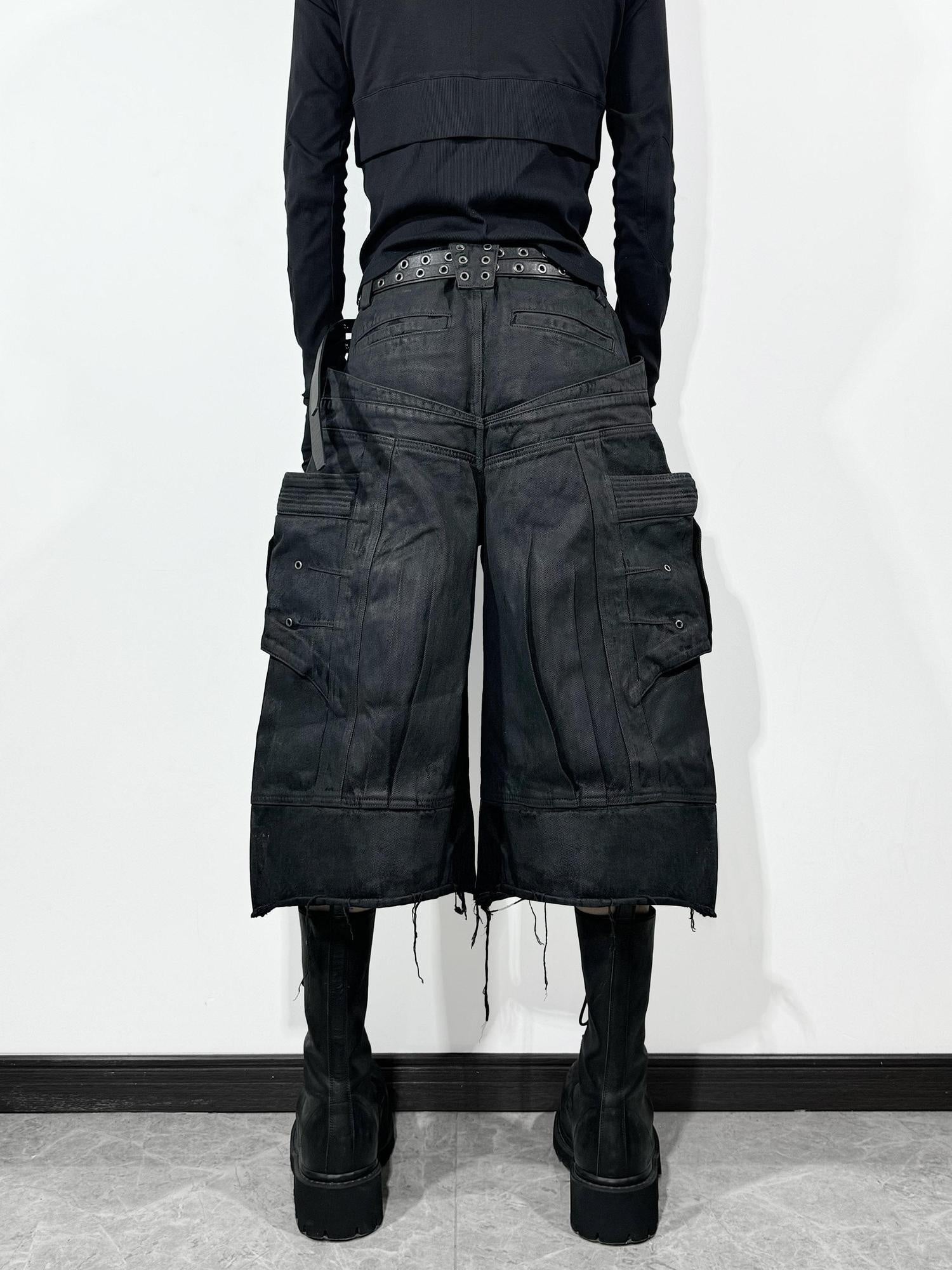 ATAnothingness Liquid Metal Black Cotton Loose Cargo Mid Rise Zipper Urban Casual Denim Shorts