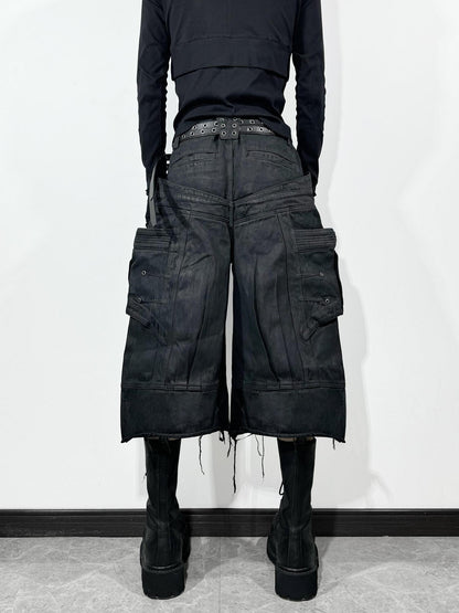 ATAnothingness Liquid Metal Black Cotton Loose Cargo Mid Rise Zipper Urban Casual Denim Shorts
