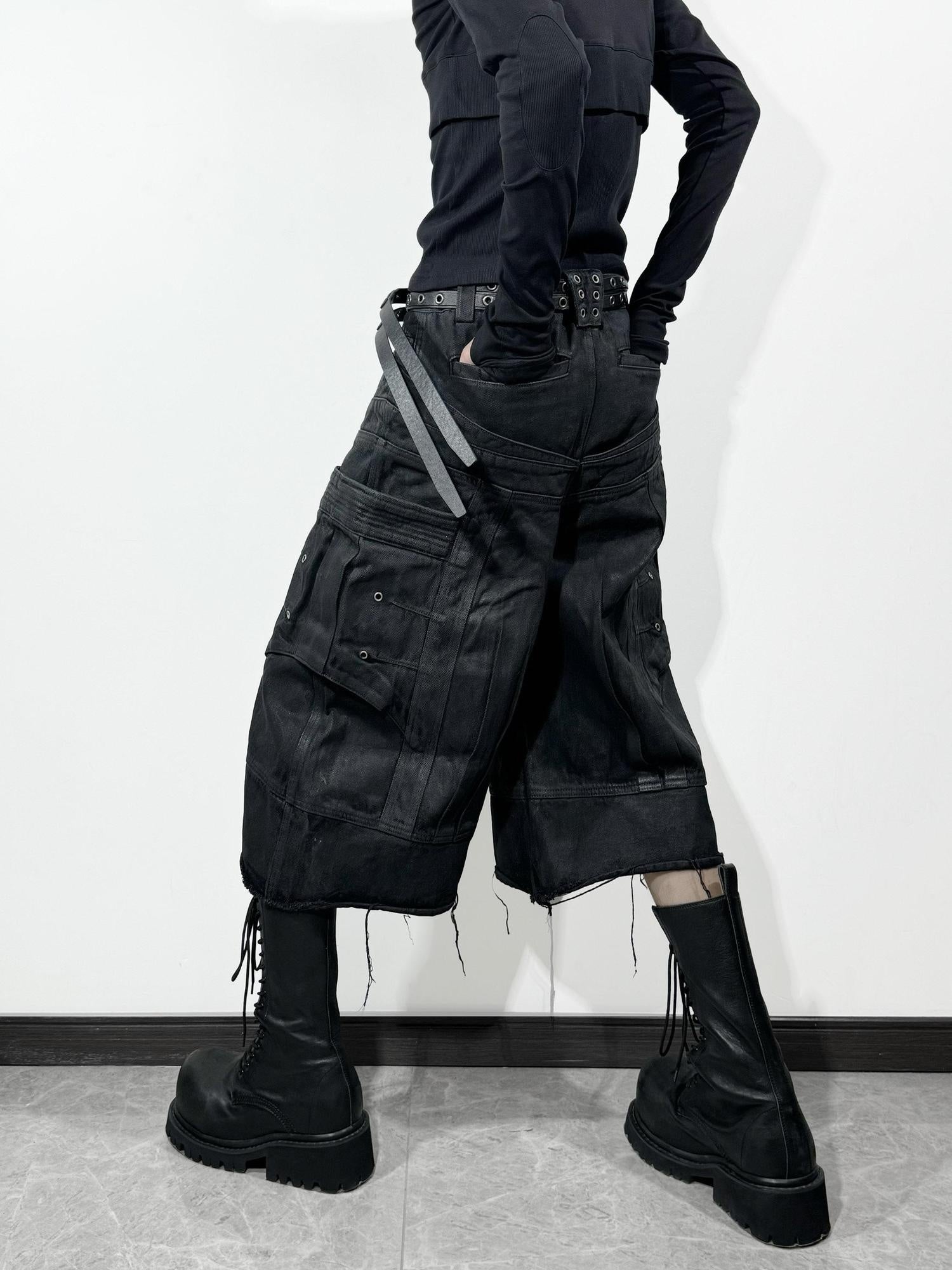 ATAnothingness Liquid Metal Black Cotton Loose Cargo Mid Rise Zipper Urban Casual Denim Shorts