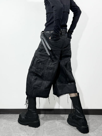 ATAnothingness Liquid Metal Black Cotton Loose Cargo Mid Rise Zipper Urban Casual Denim Shorts