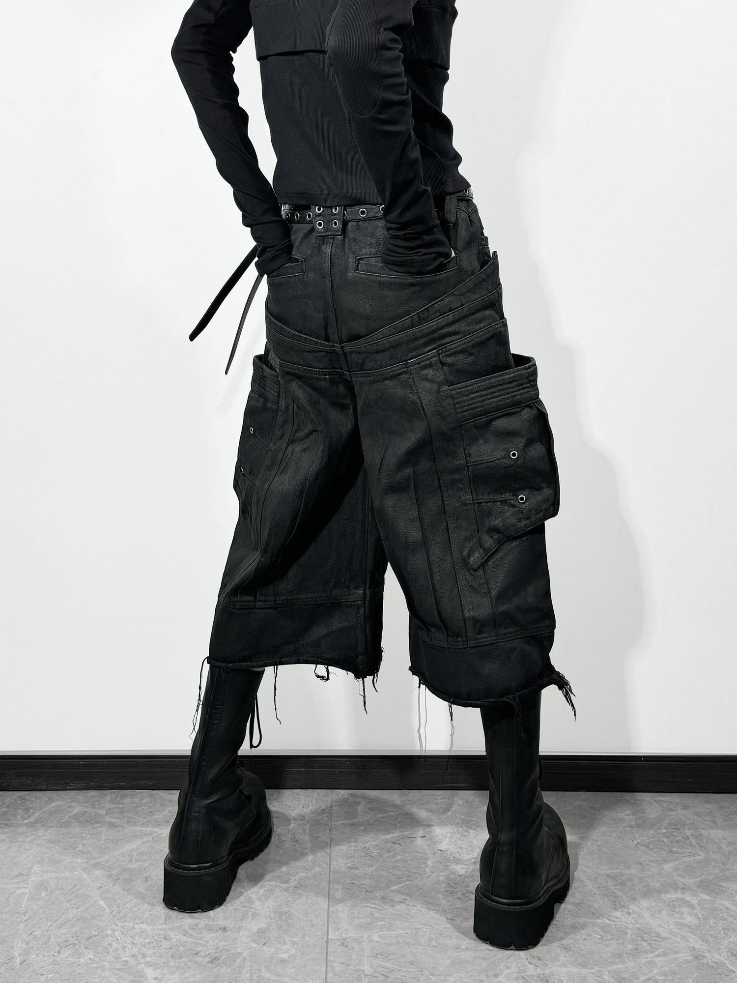 ATAnothingness Liquid Metal Black Cotton Loose Cargo Mid Rise Zipper Urban Casual Denim Shorts