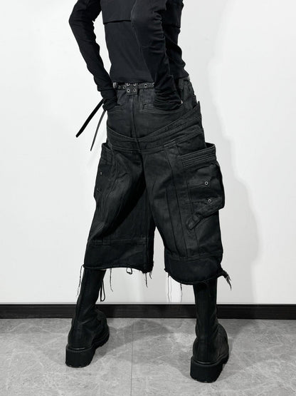 ATAnothingness Liquid Metal Black Cotton Loose Cargo Mid Rise Zipper Urban Casual Denim Shorts