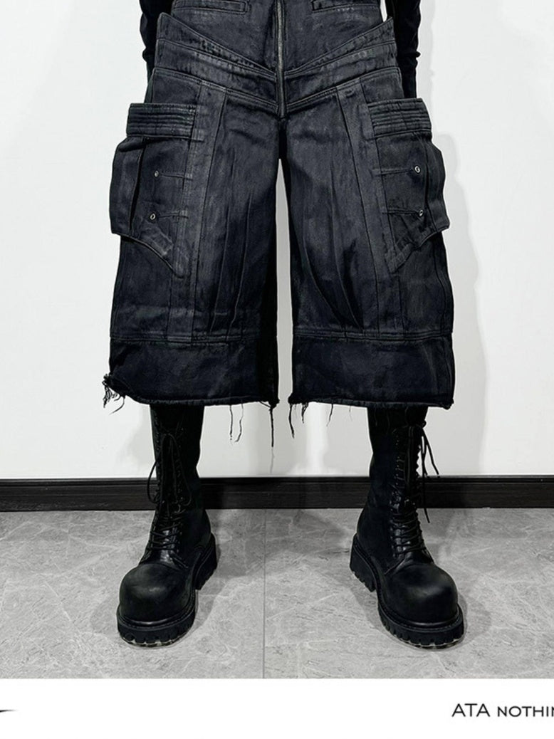 ATAnothingness Liquid Metal Black Cotton Loose Cargo Mid Rise Zipper Urban Casual Denim Shorts