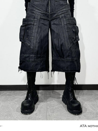 ATAnothingness Liquid Metal Black Cotton Loose Cargo Mid Rise Zipper Urban Casual Denim Shorts