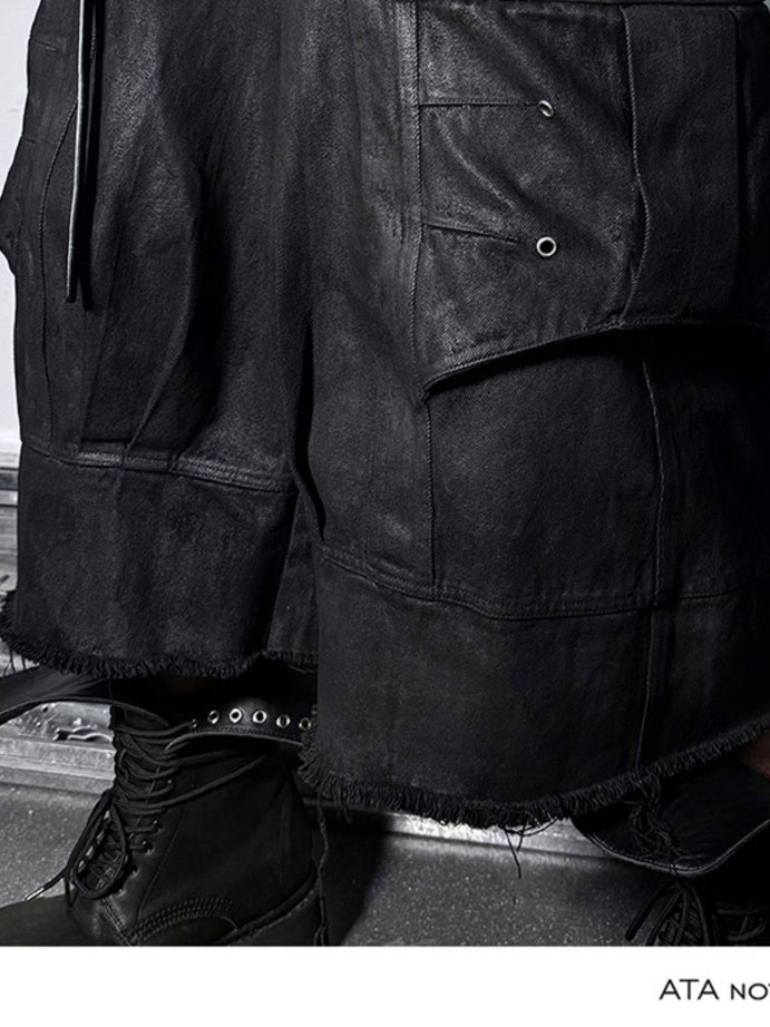 ATAnothingness Liquid Metal Black Cotton Loose Cargo Mid Rise Zipper Urban Casual Denim Shorts