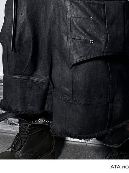 ATAnothingness Liquid Metal Black Cotton Loose Cargo Mid Rise Zipper Urban Casual Denim Shorts