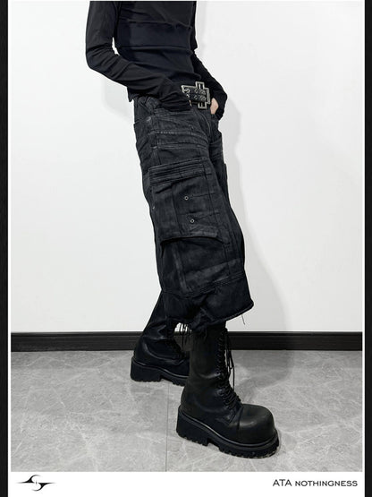 ATAnothingness Liquid Metal Black Cotton Loose Cargo Mid Rise Zipper Urban Casual Denim Shorts