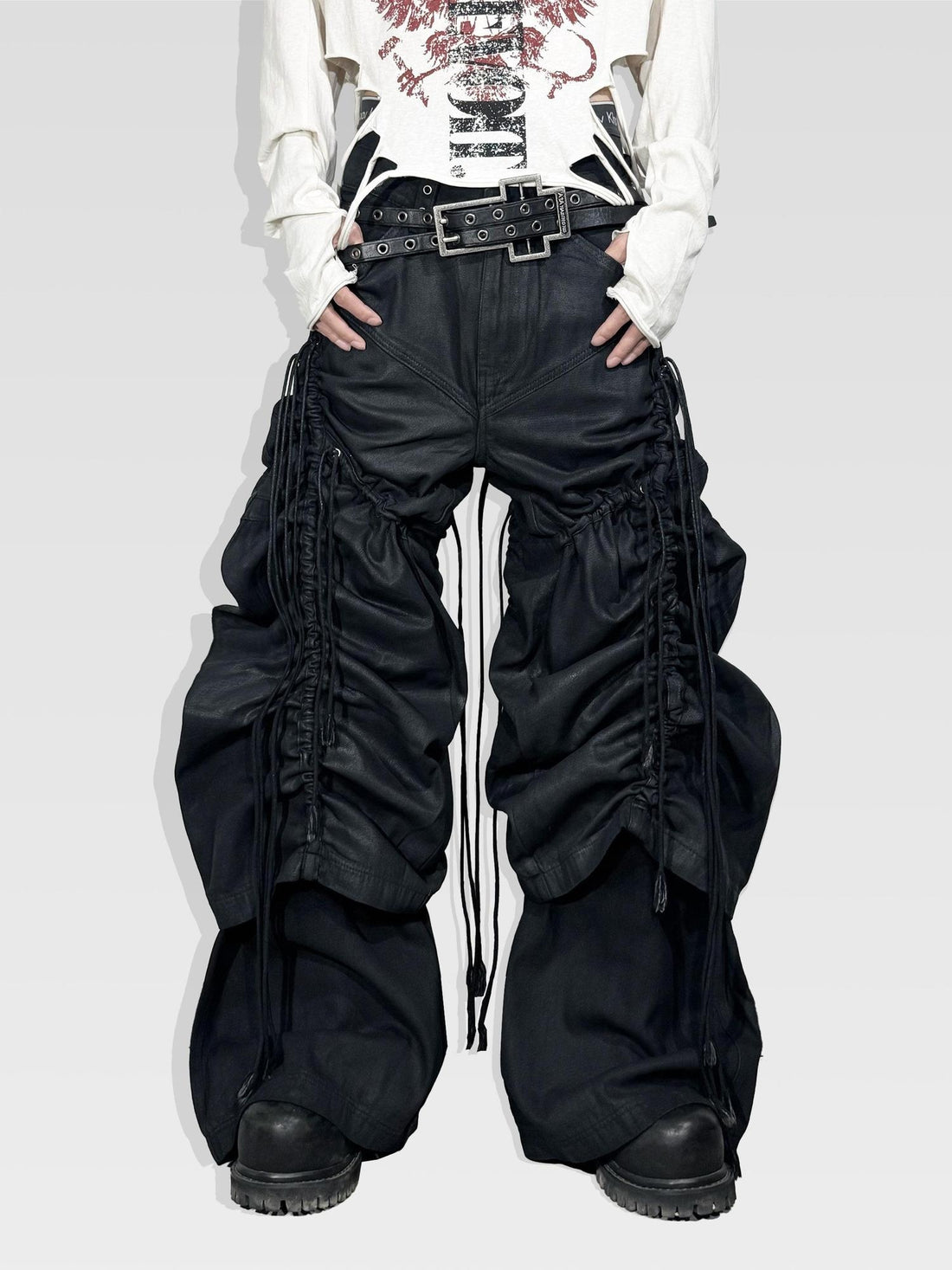 ATAnothingness Pleated Cargo Loose Mid Rise Zipper Cotton Gothic Metal Black Wide-Leg Jeans