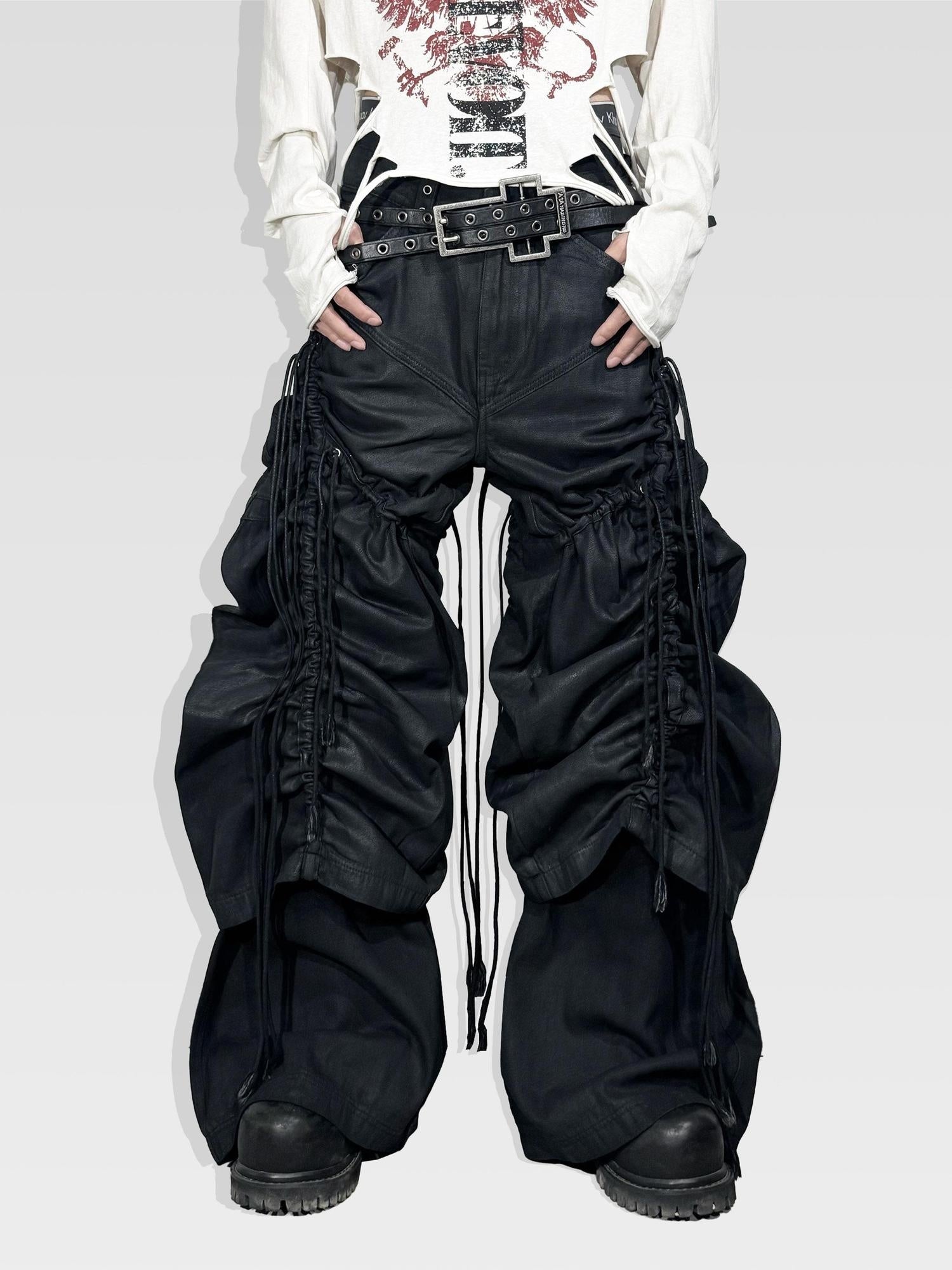 ATAnothingness Pleated Cargo Loose Mid Rise Zipper Cotton Gothic Metal Black Wide-Leg Jeans