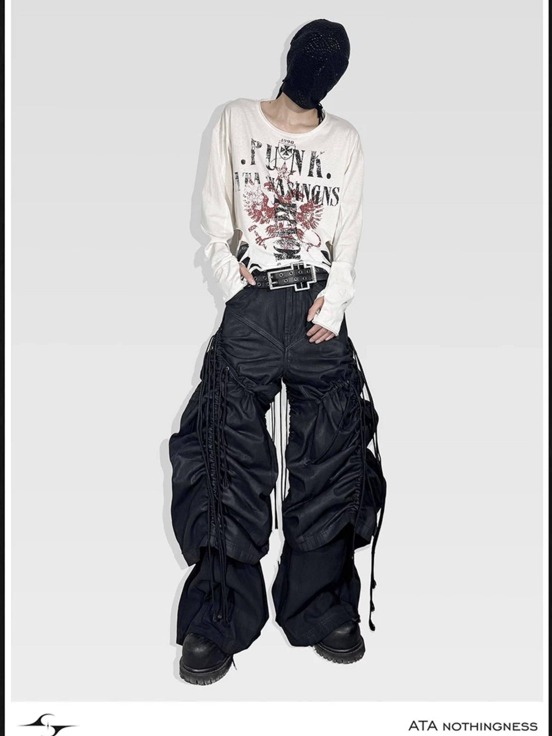 ATAnothingness Pleated Cargo Loose Mid Rise Zipper Cotton Gothic Metal Black Wide-Leg Jeans
