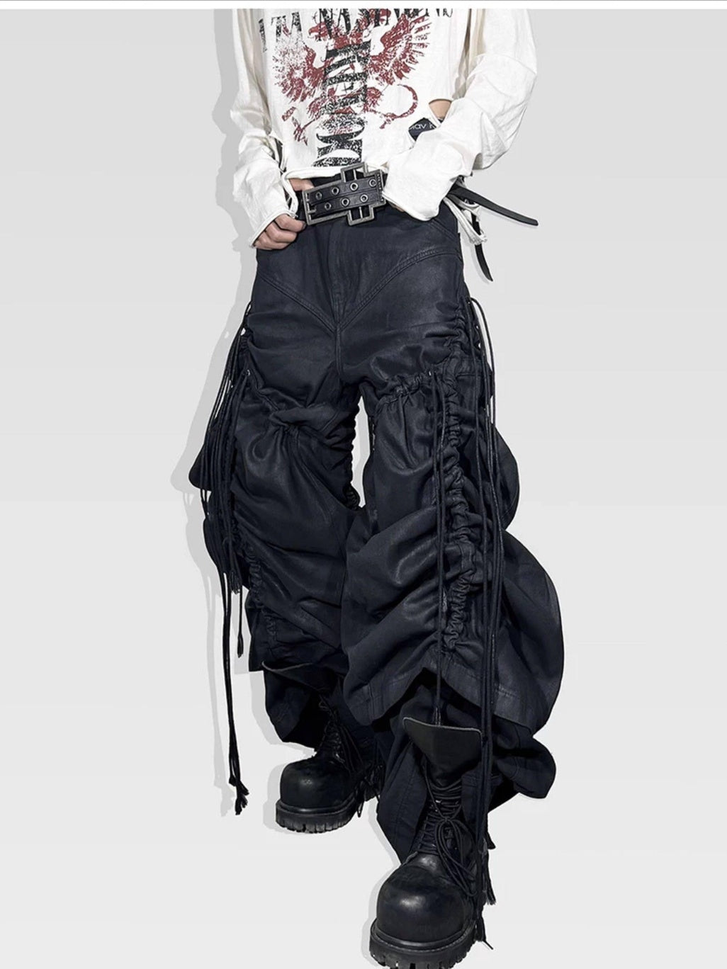 ATAnothingness Pleated Cargo Loose Mid Rise Zipper Cotton Gothic Metal Black Wide-Leg Jeans