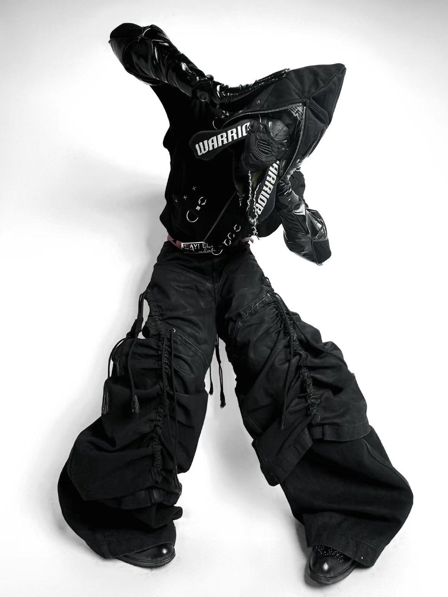 ATAnothingness Pleated Cargo Loose Mid Rise Zipper Cotton Gothic Metal Black Wide-Leg Jeans