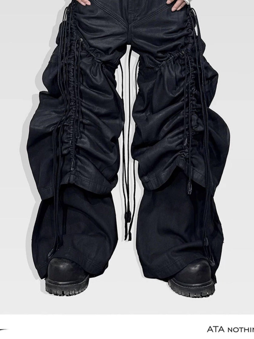 ATAnothingness Pleated Cargo Loose Mid Rise Zipper Cotton Gothic Metal Black Wide-Leg Jeans