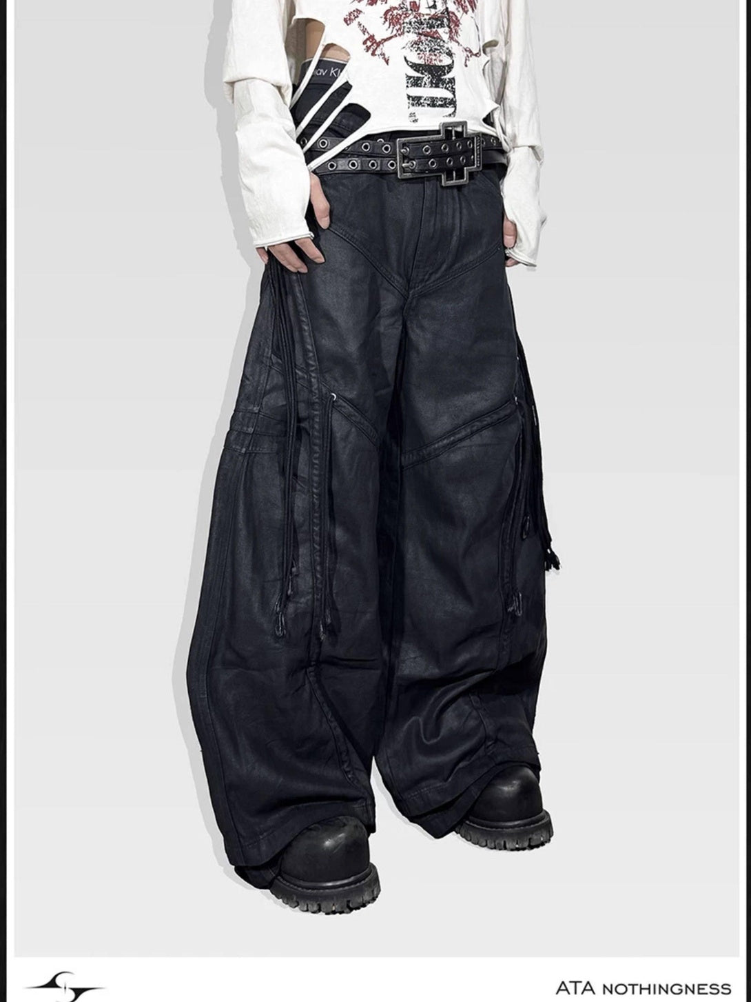 ATAnothingness Pleated Cargo Loose Mid Rise Zipper Cotton Gothic Metal Black Wide-Leg Jeans
