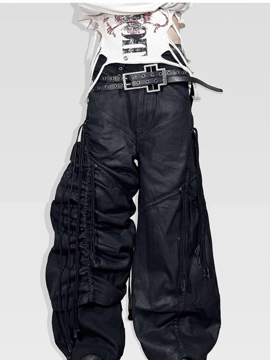 ATAnothingness Pleated Cargo Loose Mid Rise Zipper Cotton Gothic Metal Black Wide-Leg Jeans