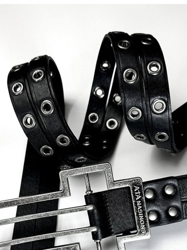 ATAnothingness Premium Top Grain Smooth Black Double Layer Buckle Unisex Leather Belts