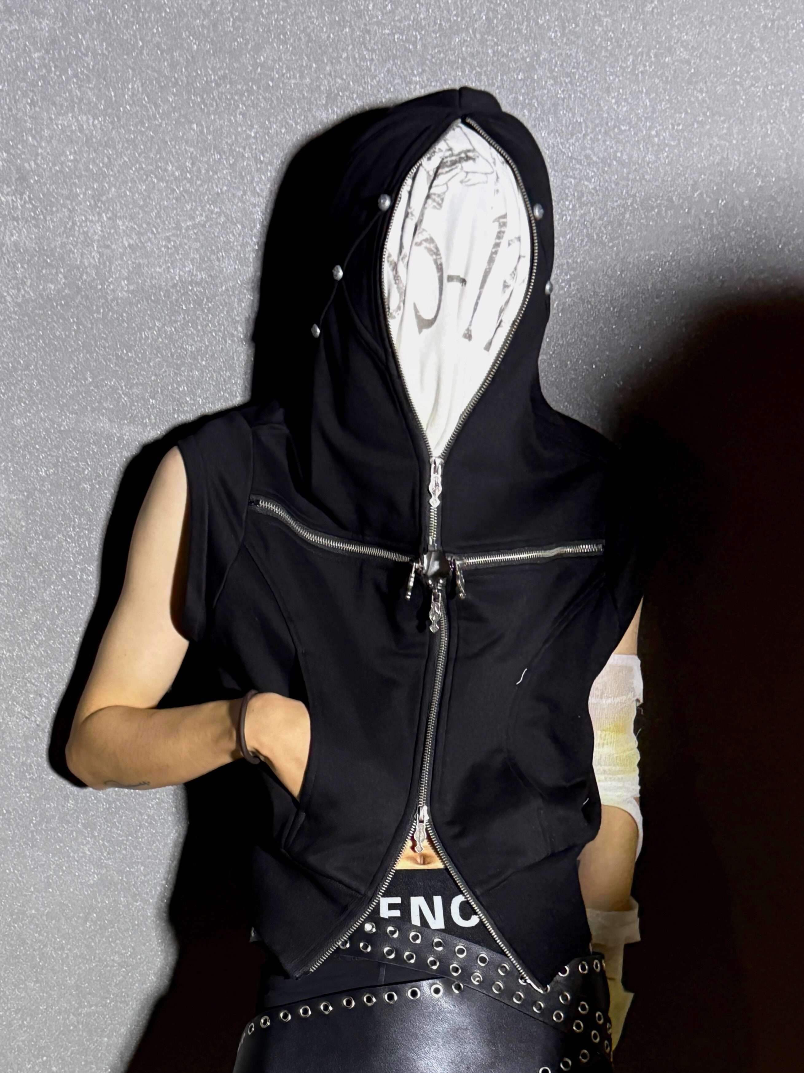 ATAnothingness Soft Cotton Blend Hooded Open Front Unisex Student Black Standard Fit Vests