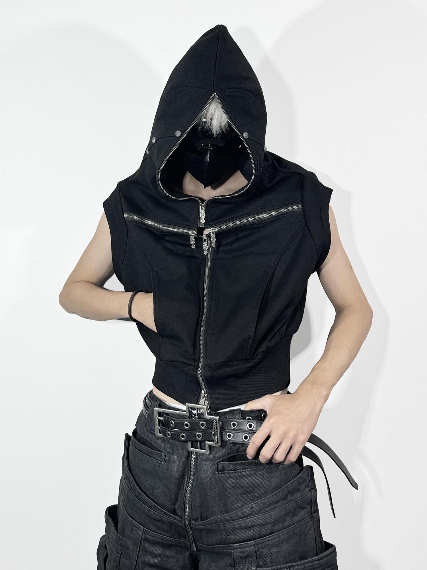 ATAnothingness Soft Cotton Blend Hooded Open Front Unisex Student Black Standard Fit Vests